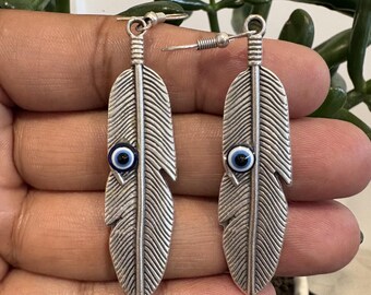Leaf carved dangle set with evil eye , Tibetan repousse silver, 2.75x.50 inches (P-185)