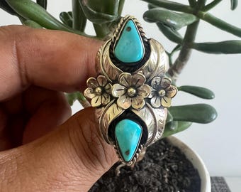 Natural Turquoise Tibetan silver ring, adjustable, Handcrafted (R-12)