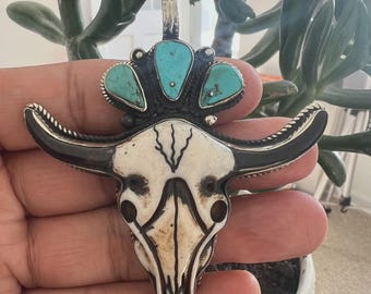 Bull Head with Turquoise pendant, Handcrafted, Tibetan repousse silver (P-53)