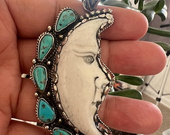 Crescent Moon with Natural Turquoise Carved Pendant, Tibetan Repousse Silver, Handcrafted, 3.5x1.50inches(P-85)
