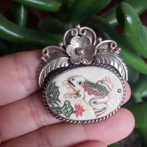 Frog Carved Pendant, Bone carved Pendant, Animal carved, Tibetan Repousse Silver, Handcrafted  (B-26)