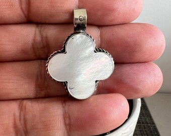 Mother of pearl floral carved pendant, tibetan repousse silver, 1.25x1 inches (A-19)