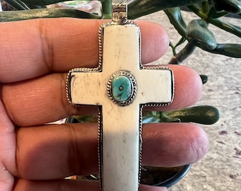 Bone carved cross with turquoise pendant, Cross pendant, Handcrafted,3x1.25 inches (P-210)