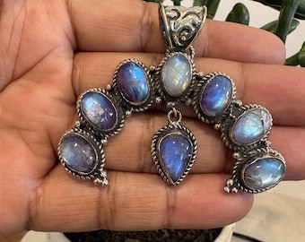 Rainbow Moonstone squash blossom pendant, Handcarved, 2x2 inches (P-156)