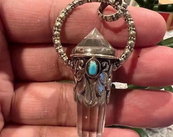 Himalayan Crystal Quartz Pointed Pendant, Tibetan Repousse Silver, Turquoise (P-230)