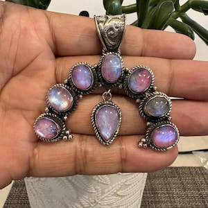 Pink Rainbow Moonstone Squash Blossom Pendant, Tibetan Repousse Silver, Handcrafted (P-200)