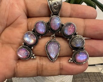 Pink Rainbow Moonstone Squash Blossom Pendant, Tibetan Repousse Silver, Handcrafted (P-200)