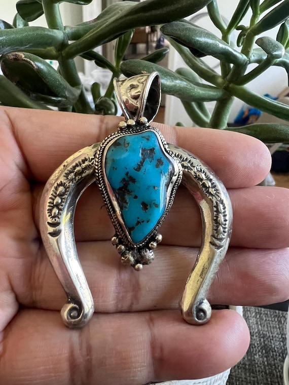 Squash Blossom with Natural Turquoise Pendant, Handcrafted, Tibetan Repousse Silver, 3x2 inches (P-196)