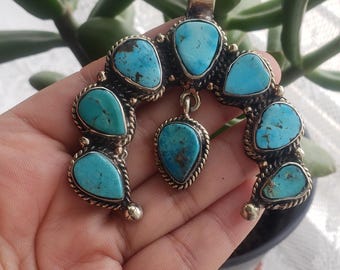 Squash Blossom Pendant, Tibetan Silver Pendant, Turquoise Pendant (P-40)