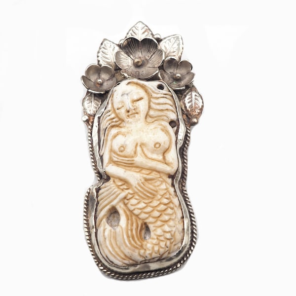 Special Large Bone Carving of Mermaid pendent, Buffalo bone Mermaid pendent ,Tibetan silver pendent(P-105)