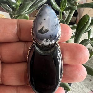 Large Black Onyx and Dendrite Opal pendant, Handcrafted, Tibetan silver (P-236)