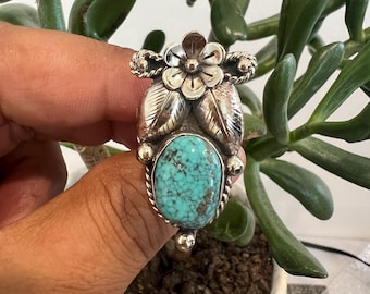 Natural Turquoise Flower Carved Ring, Tibetan Repousse Silver, Adjustable (R-18)