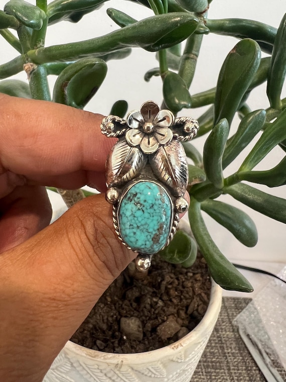 Natural Turquoise Flower Carved Ring, Tibetan Repousse Silver, Adjustable (R-18)