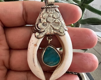 Handcarved pendant set with  turquoise, 3x1.50 inches, Tibetan Repousse silver. (P-232)
