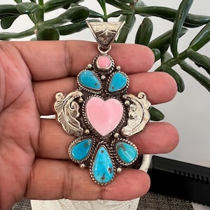 Natural Turquoise with pink conch shell pendant,Handcrafted,  Tibetan repousse silver, 2.5x 2 (P-189)
