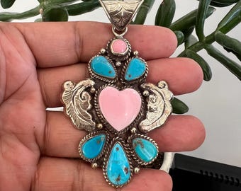 Natural Turquoise with pink conch shell pendant,Handcrafted,  Tibetan repousse silver, 2.5x 2 (P-189)