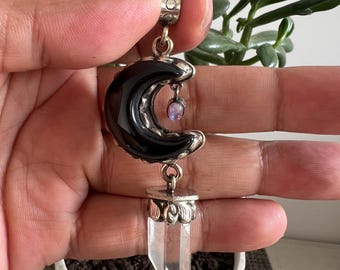 Handcrafted Crescent Moon Pendant, Black Onyx,  Moonstone, Himalayan crystal, 3x1 inches (A-20)