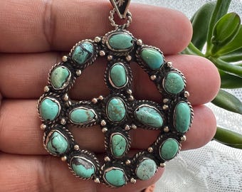 Natural Turquoise Pendant, Tibetan Repousse Silver, Ethnic Jewelry, Turquoise Jewelry (P-148)