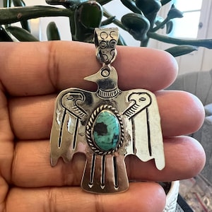 Handcrafted Thunderbird Pendant with Turquoise, Tibetan Repousse Silver, 3x 1.75 inches(B-22)