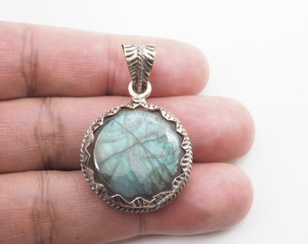 Natural Labradorite Round Pendant , Tibetan Silver ,Shell Tree Design on the back, Handcrafted, Labradorite(P-90)