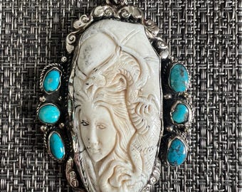 Large bone carved with turquoise pendant, Handcrafted, 3.25 x2.25 inches (P-25)