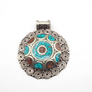Turquoise Pendant, Turquoise Inlaid, Ethnic Design, Handcrafted, Tibetan Silver  ( L-01)