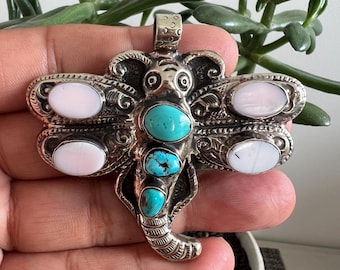 Handcrafted pendant set with conch shell and turquoise, Tibetan repousse silver, 2.5 x 2.50 inches (P-138)