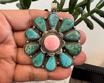 Natural Turquoise set with pink conch shell pendant, Tibetan repousse silver, 2.5x2 inches (B-2)