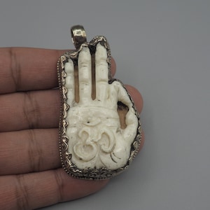 Bone Carved Om/Hand Pendant, Tibetan Silver , Om P, Spiritual, Handcrafted, Hindu   (P-03)