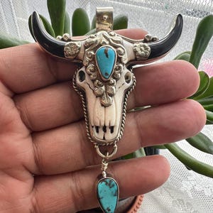 Large Hand Carved Bull Head Pendant with  Turquoise, Handcrafted, Nepalese, Tibetan Repousse Silver  (P-E)