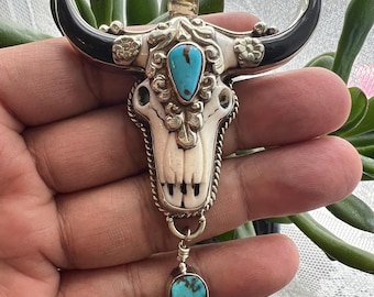 Large Hand Carved Bull Head Pendant with  Turquoise, Handcrafted, Nepalese, Tibetan Repousse Silver  (P-E)