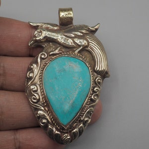 Turquoise Pendant, Handcrafted,  Turquoise,  Bird ,Ethnic Design, Tibetan Silver    (P-51)