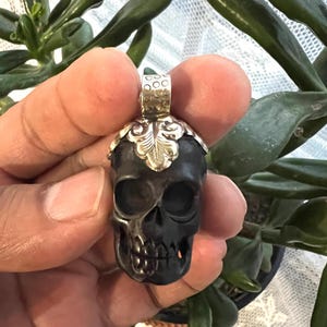 Horn Skull Pendent, Handcrafted, Tibetan repousse silver, 1.75x.75 inches (P-16) image 1