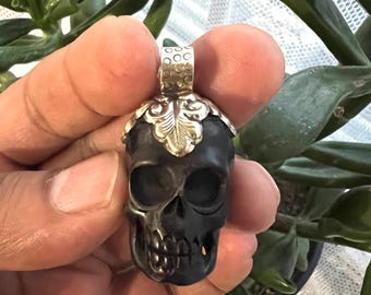Horn Skull Pendent, Handcrafted, Tibetan repousse silver, 1.75x.75 inches (P-16)