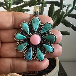 Natural Turquoise set with pink conch shell pendant, Tibetan repousse silver, 2x1.75inches (P-41)