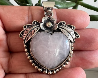 Rose quartz hear shaped pendant, Tibetan repousse silver, 1.5x1.5 inches (P-134)