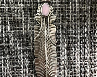 Handcrafted Feather with pink conch pendant, 3.50 inches, Tibetan repousse silver(P-170)