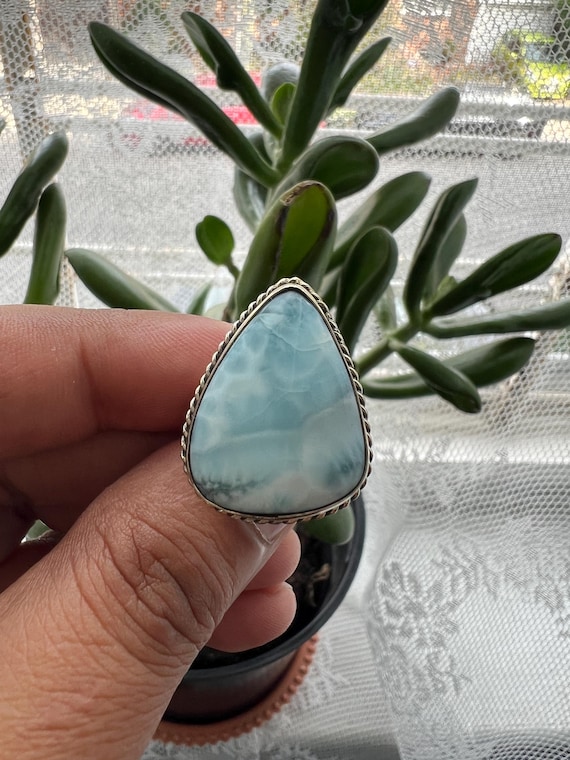 Natural Larimar adjustable Ring, Larimar Ring, Tibetan Repousse Silver, Adjustable (R-25)