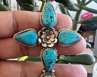 Natural Turquoise Cross Pendant, Tibetan Repousse Silver, Ethnic Jewelry, Turquoise Jewelry (P-133)