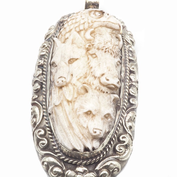 Large Hand Carved Animal Pendant, Tibetan Silver Pendant (P-121)
