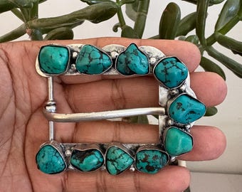 Natural Turquoise Belt Buckle, Tibetan repousse silver, Handcrafted, 3x2.50 inches (B-4)