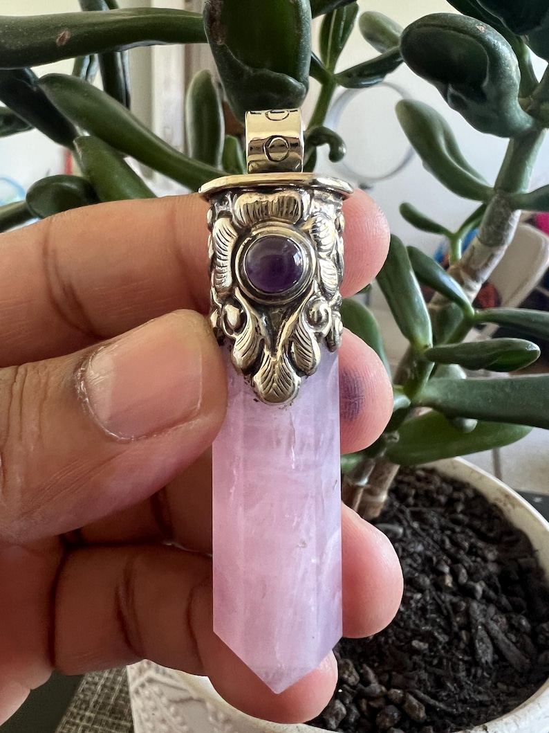 Handmade Pointed Rose Quartz Pendant, Spiritual , Tibetan silver, Healing, 2.5x.50 inches(P-49) image 1
