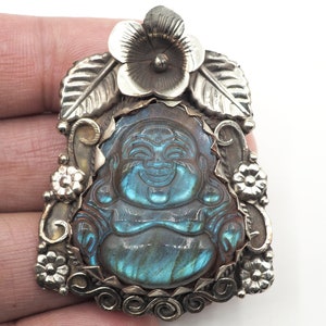 Laughing Buddha Pendant, Handcrafted, Luck, Happy Buddha, Labradorite, Tibetan Silver, Ethnic, Nepalese  (P-75)