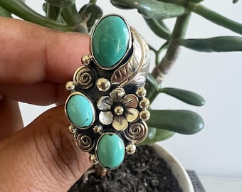 Natural Turquoise carved adjustable ring, Tibetan repousse silver(R-23)
