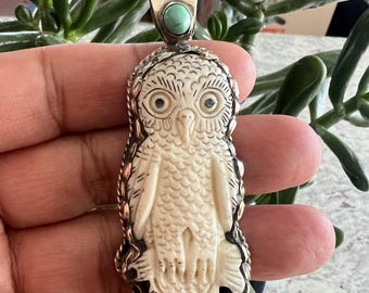 Bone Carved Pendant with turquoise, Tibetan silver, Handcrafted3x1 inches (P-221)