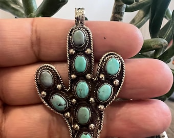 Hand carved Cactus pendant with Natural Turquoise, Handcrafted, Tibetan Repoussé Silver, 2.5 x1.25 inches (P-135)