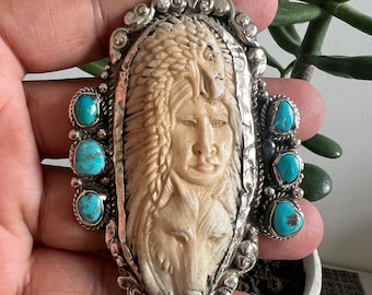 Large bone carved Native American with eagle and wolf pendant, Handcrafted, 3x2 inches (P-118)