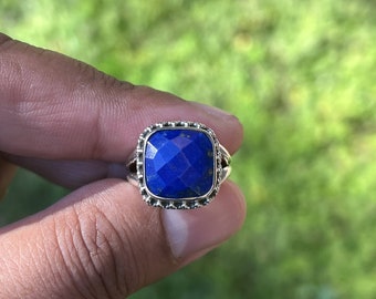 Natural Lapis Ring, 925 Sterling Silver Ring, Lapis Lazuli Ring, Faceted Lapis Lazuli Ring, Statement Ring (SR-13)