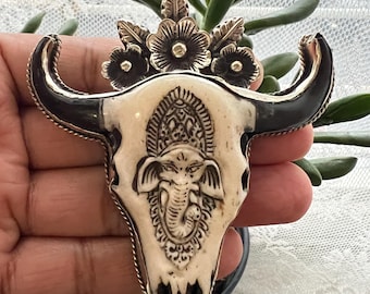 Bone carved   with Ganesh and Flower design Pendant, Handcrafted, Tibetan Repousse Silver, 3x3.25 inches (P-175)