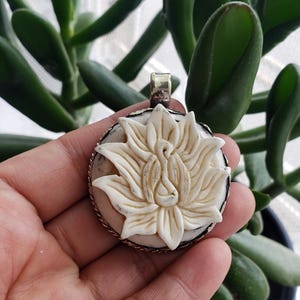 Flower pendant, lotus pendant, bone carved lotus, tibetan silver, flower pendant, floral design, ethnic design, Nepalese (B-1)